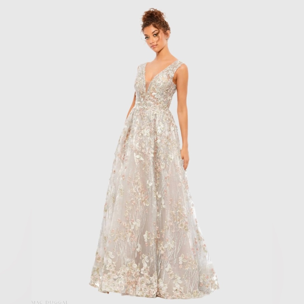 MAC DUGGAL Silver Floral Embroidered Illusion V-Neck Gown
